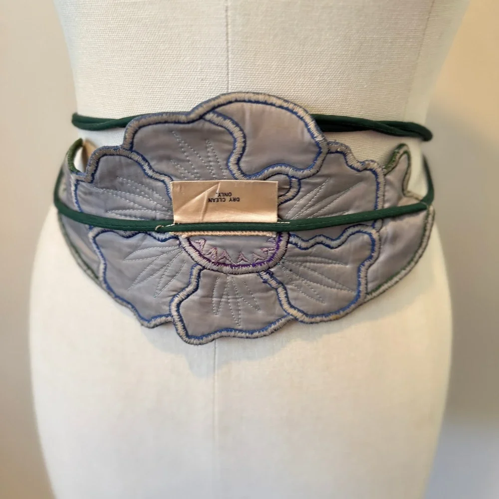 Ellen Edith Purple Beaded Embroidered Flower Waist Belt Bohemian Artisan Tie